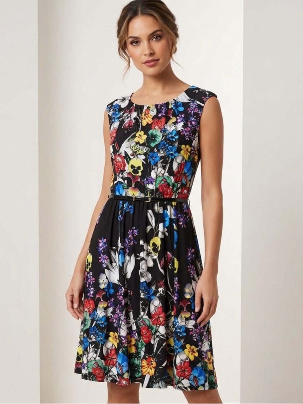 Ellen Tracy Blue and Pink Sleeveless Midi Sundress With Pockets